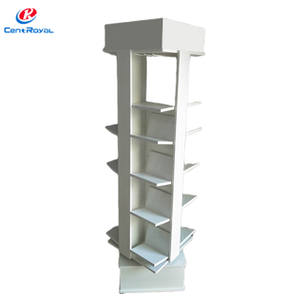 Wooden Multi - Tier Rotating Display Rack with Wheels, Tilted Shelves for Journals & Books