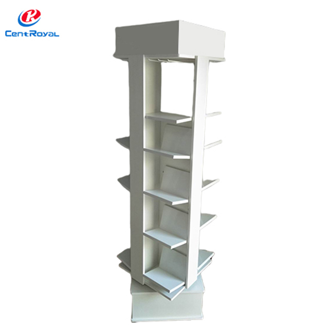 Wooden Multi - Tier Rotating Display Rack with Wheels, Tilted Shelves for Journals & Books