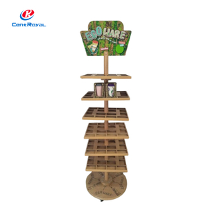 Wooden Rotating Multi-Tier Ceramic Cup Display Stand with Grid Shelves & Rolling Base - Retail Showcase