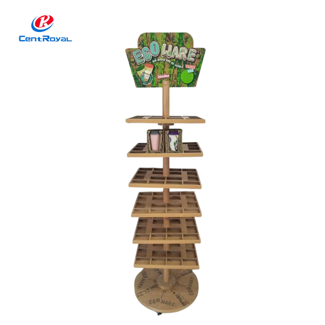Wooden Rotating Multi - Tier Display Rack: Partitioned Grid for Ceramic Mugs