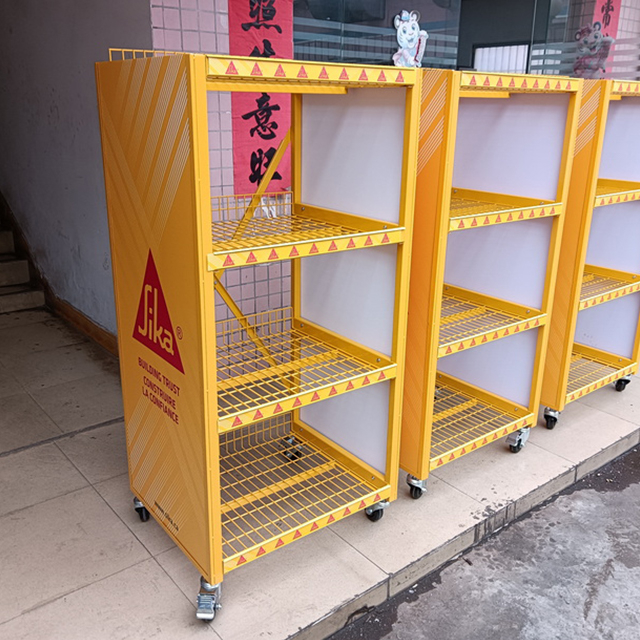 Mobile Yellow Metal Beverage Display Rack: Lockable Casters