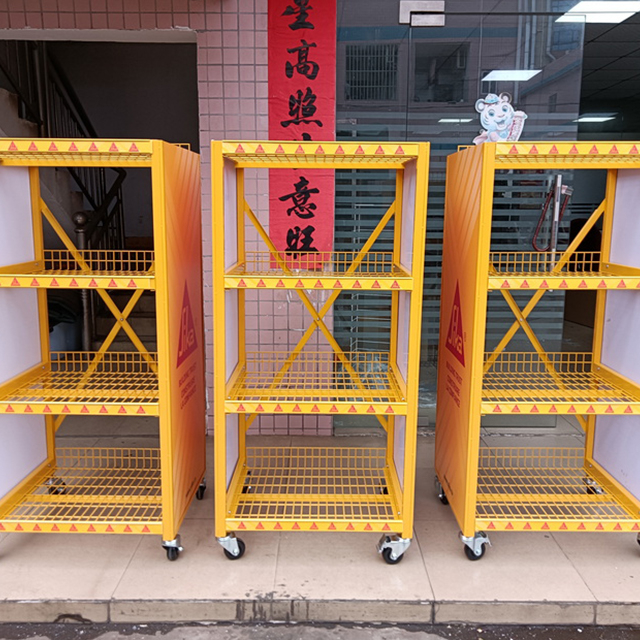 Mobile Yellow Metal Beverage Display Rack: Lockable Casters