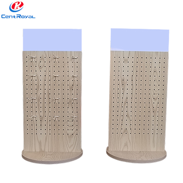 Branded Rotating Wooden Pegboard Display Stand for Bakery