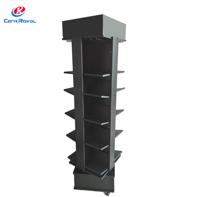 Wooden Multi - Tier Rotating Display Rack with Wheels, Tilted Shelves for Journals & Books