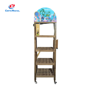 Wooden Multi-Tier Coffee Display Stand with Rolling Base & Grid Shelves - Retail Rack for Beverage Merchandise