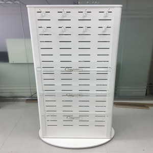 White Slatwall Rotating Display Stand with Acrylic Shelves Metal Hooks