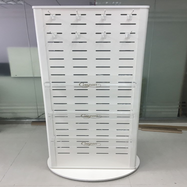 White Slatwall Rotating Display Stand with Acrylic Shelves Metal Hooks