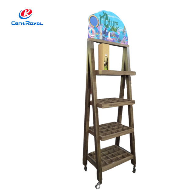 Wooden 4 - Tier A - Frame Display Rack: Rolling Base & Grid Shelves for Retail