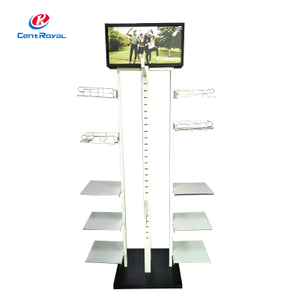 Multi-Tier Metal & Wood Clothing Display Stand with Shelves & Hooks - Retail Rack for Apparel & Accessories Exhibition
