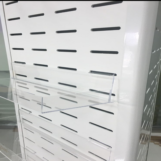 White Slatwall Rotating Display Stand with Acrylic Shelves Metal Hooks