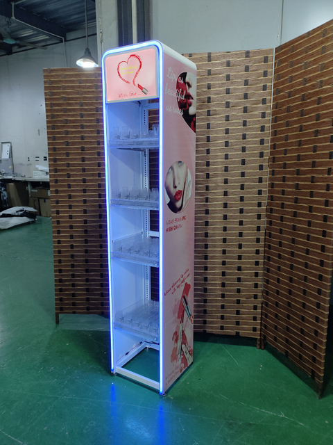 LED-Illuminated MetalStand with Pull-Out Trays for Tiered Cosmetic Showcase