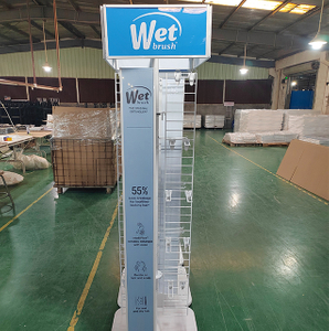 Metal Grid Hair Care Display Rack with Branding Signage, Multi - Tier Stand for Wet Brush Products