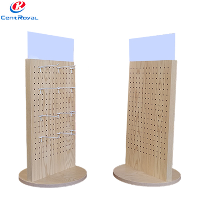 Branded Rotating Wooden Pegboard Display Stand for Bakery