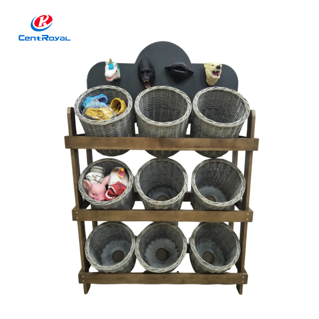 Wooden Multi - Tier Display Rack: Wicker Baskets & Top Hooks