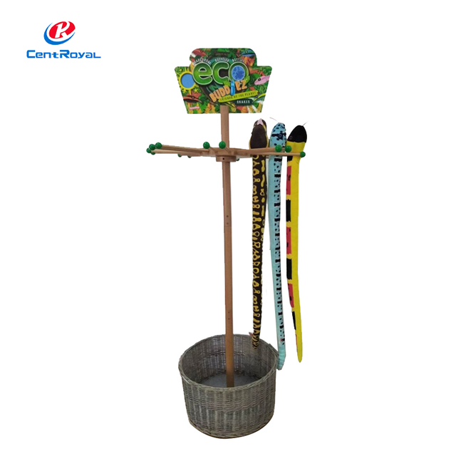Wooden Rotating Toy Display Rack: Woven Basket & 360° Hanger