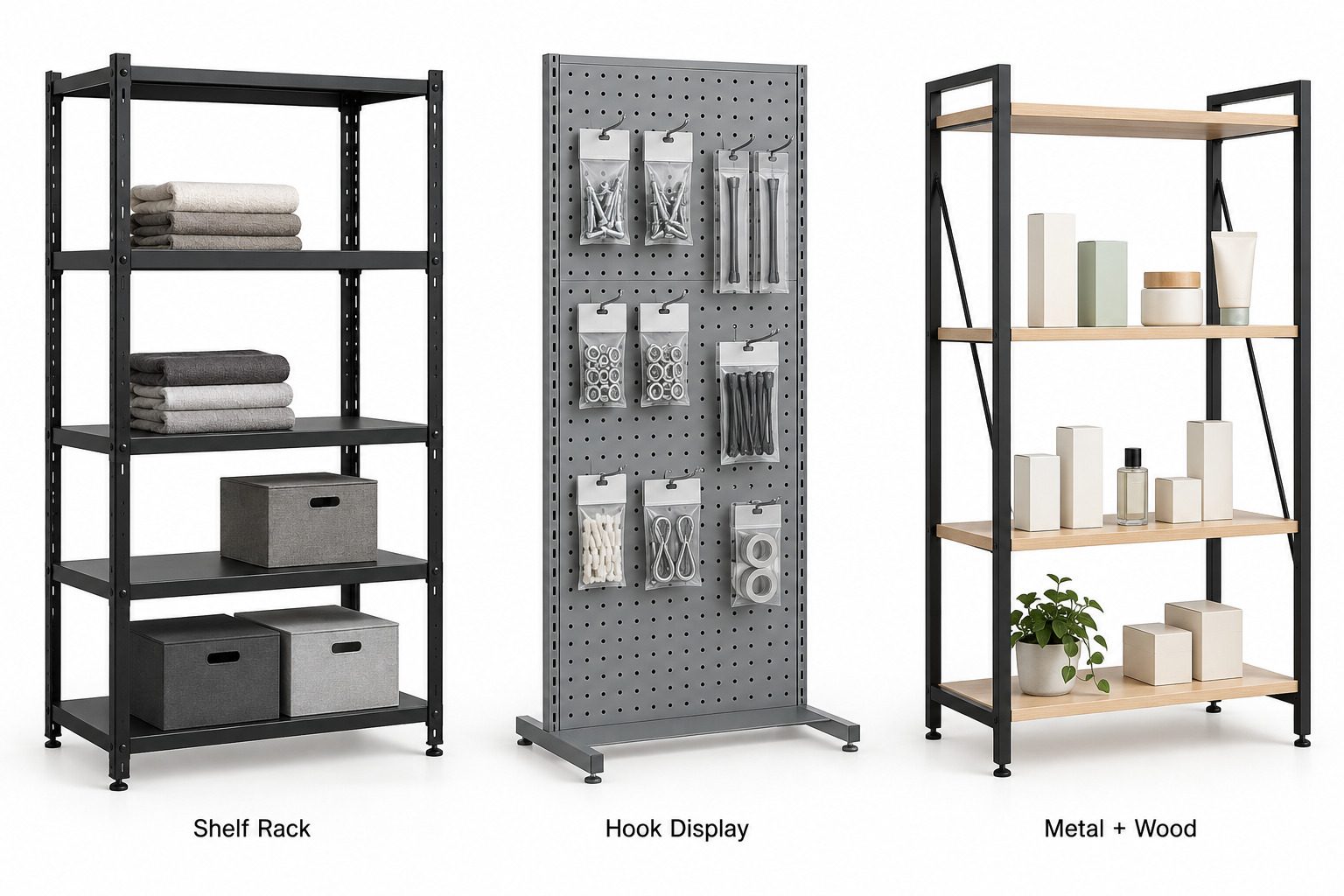 Metal shelf rack, pegboard hook display, and metal frame display with wood shelves.jpg