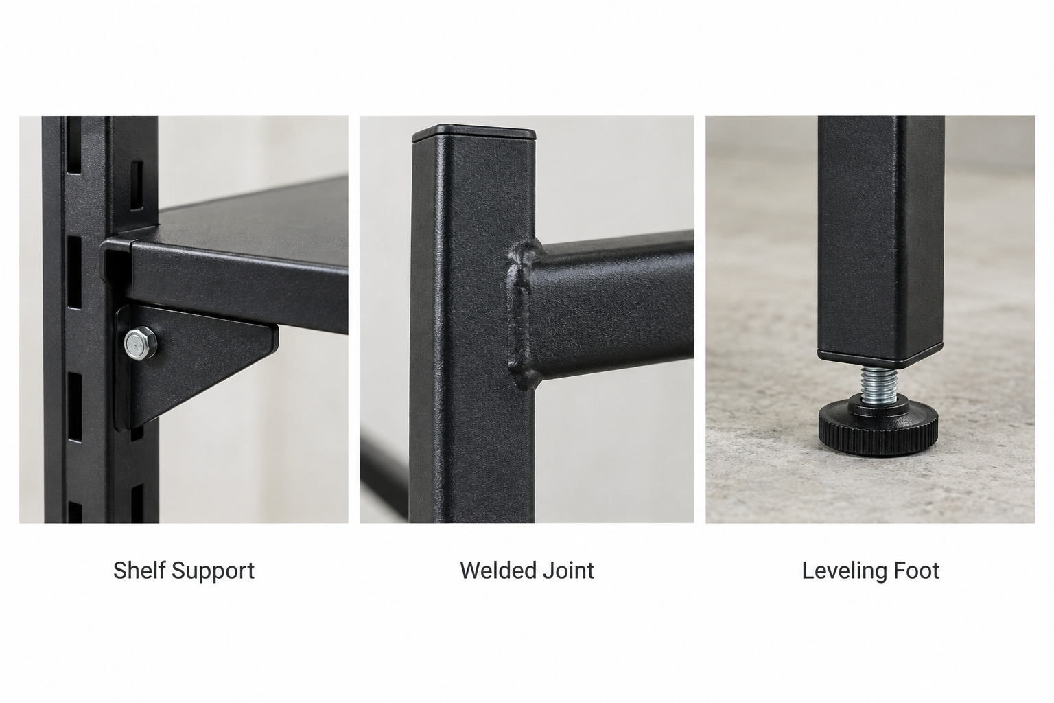 Close-up examples of a metal display rack shelf support, welded joint, and leveling foot.jpg